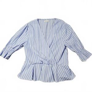 Edgley Women Plus Size XXL Faux Wrap Blouse Bell Sleeves Blue White V Neck Light